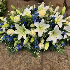 Coffin spray royal blues and whites